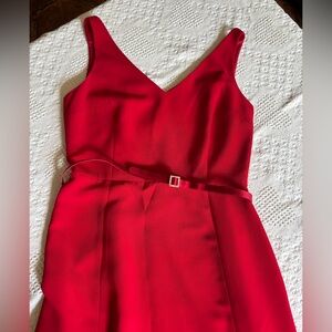 Red crepe cocktail dress deep V front and back full skirt